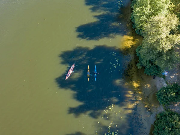 Kayak Boat Green Water Dnieper River Aerial Drone View — Stock Photo, Image