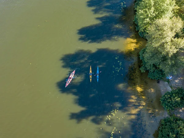 Barco Caiaque Água Verde Rio Dnieper Vista Aérea Drones — Fotografia de Stock