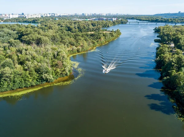 Motor Boat Dnipro River Sunny Clear Summer Day Aerial Drone — Stock Photo, Image