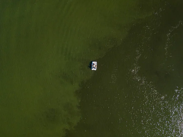 Fishing Boat Green Water Aerial Drone View Algae Bloom River — Stock Photo, Image