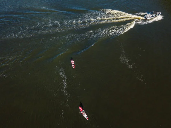 Bateau Kayak Dans Les Eaux Vertes Rivière Dniepr Vue Aérienne — Photo