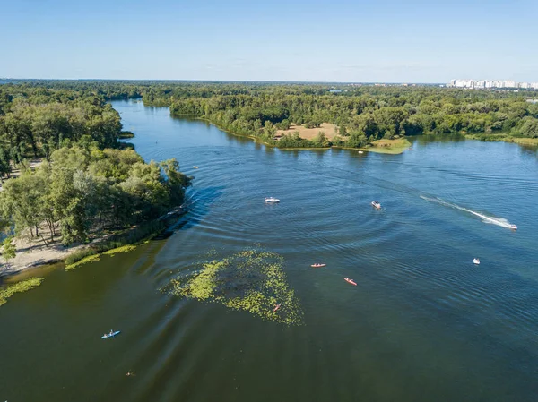 Kayak Barco Agua Verde Del Río Dnieper Vista Aérea Del — Foto de Stock