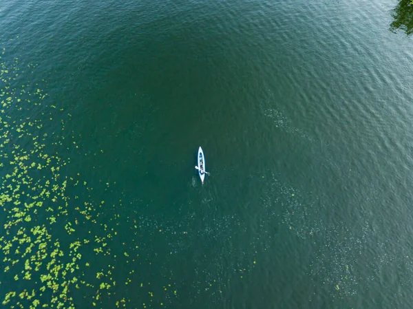 Kayak Boat Green Water Dnieper River Aerial Drone View — Stock Photo, Image