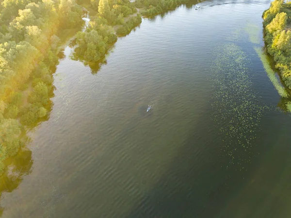 Kayak Boat River Rays Sunset Aerial Drone View — Stock Photo, Image