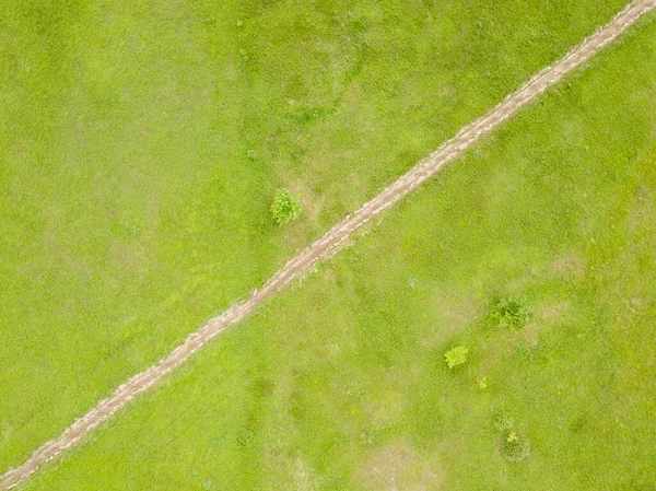 空中ドローンビュー 緑の牧草地を通って未舗装の道路 — ストック写真