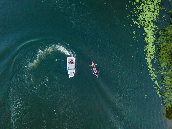 Aerial Drone View Fast Motor Boat Blue Water River — Stock Photo, Image