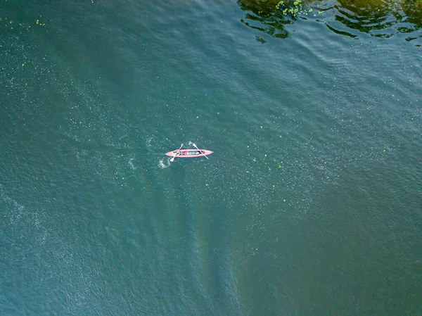 Kayak Boat Green Water Dnieper River Aerial Drone View — Stock Photo, Image