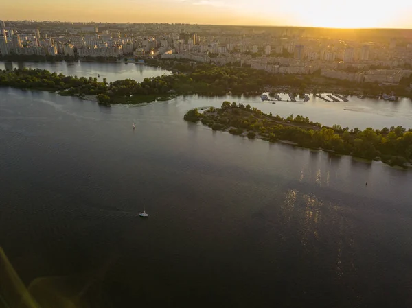 Flygdrönare Bank Floden Dnepr Kiev Kvällen Solens Strålar — Stockfoto