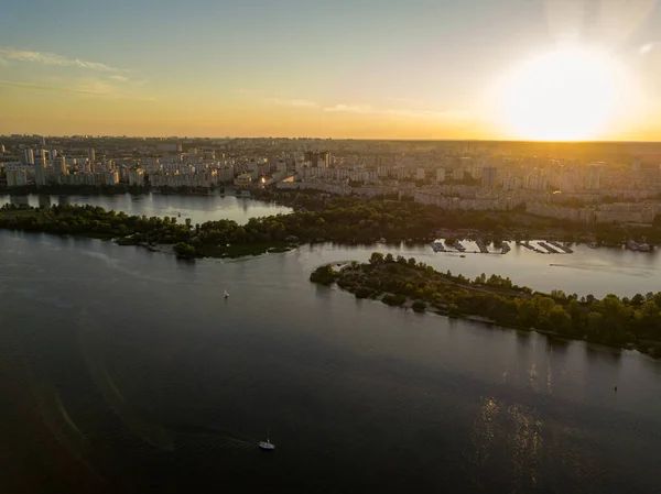 Flygdrönare Bank Floden Dnepr Kiev Kvällen Solens Strålar — Stockfoto