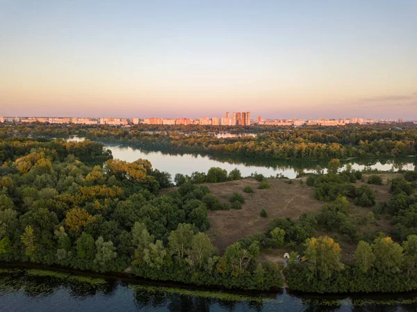 Pemandangan Udara Dnieper River Kiev City Dusk — Stok Foto