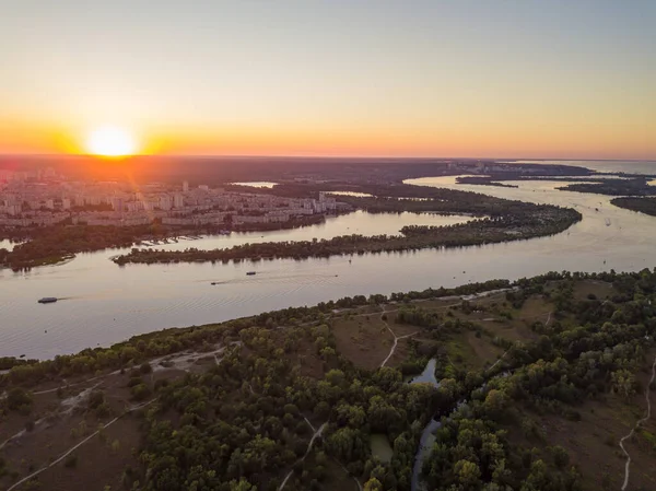 Aerial Drone View Sunset Dnieper River City Kiev — Stock Photo, Image