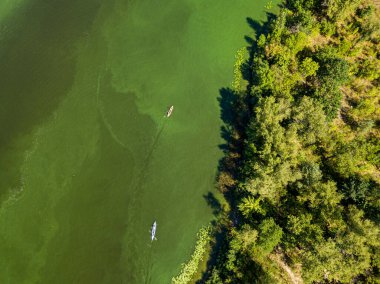 Dinyeper nehrinin yeşil sularında kayık. Hava aracı görünümü.