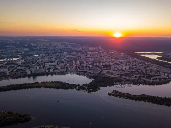 Vue Aérienne Sur Drone Coucher Soleil Sur Fleuve Dniepr Ville — Photo