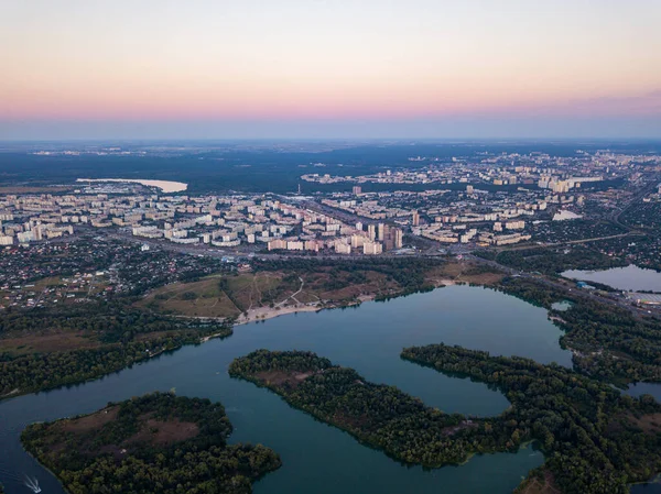 Vue Aérienne Rivière Dniepr Ville Kiev Crépuscule — Photo