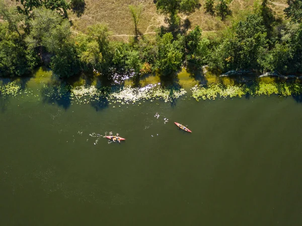 Barco Caiaque Água Verde Rio Dnieper Vista Aérea Drones — Fotografia de Stock