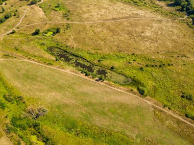 Hava aracı görüntüsü. Adadaki yeşil bir çayırdan geçen toprak yol..