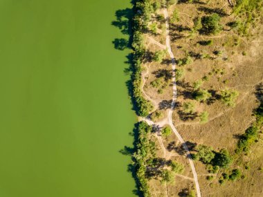 Hava görüntüsü. Dinyeper Nehri Bankası. Nehrin yeşil sularında yosunlar açar..