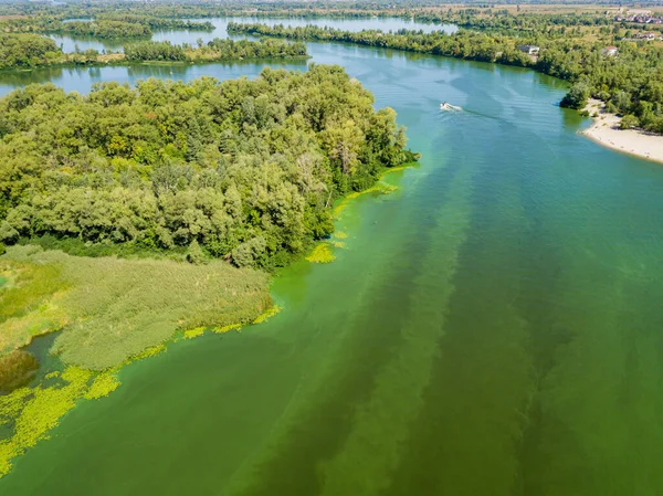 Vista Aérea Del Dron Del Río Dniéper Textura Verde Las — Foto de Stock