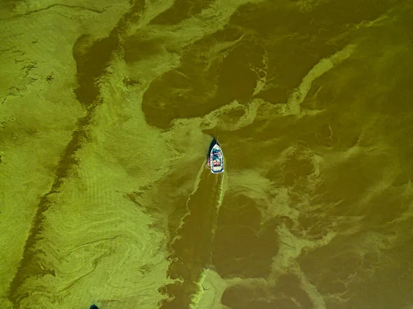 Bateau Pêche Sur Eau Verte Vue Aérienne Sur Drone Floraison — Photo