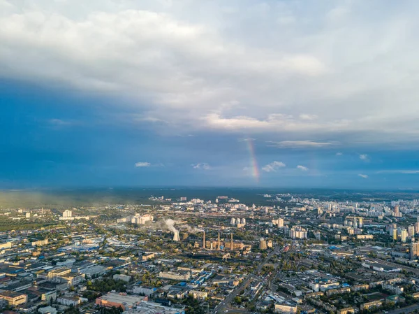 Drohnen Aus Der Luft Regenbogen Über Einem Wohngebiet Kiew — Stockfoto