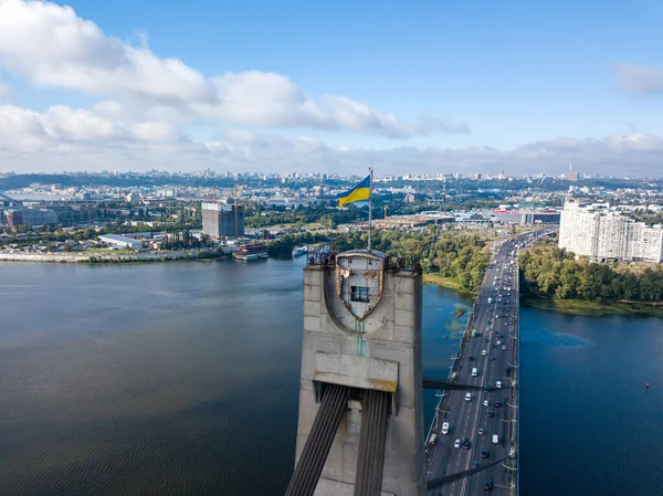 Veduta Aerea Del Drone Bandiera Dell Ucraina Sul Ponte Nord — Foto Stock