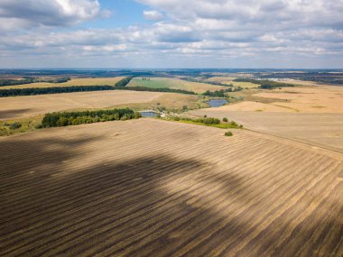 Hava aracı görüntüsü. Güneşli bir günde hasat edilen buğday tarlası.