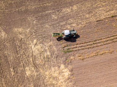 Hava aracı görüntüsü. Traktör patates tarlasında patates topluyor..