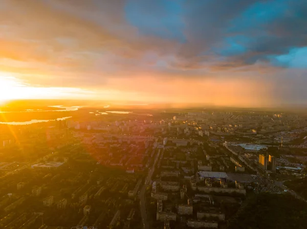 Vista Aérea Drones Pôr Sol Sobre Cidade Kiev — Fotografia de Stock