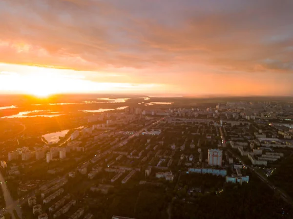 Flygdrönare Solnedgång Över Kiev Stad — Stockfoto