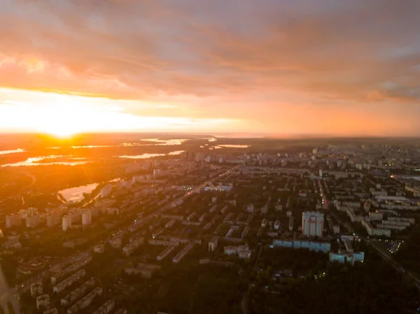 Flygdrönare Solnedgång Över Kiev Stad — Stockfoto