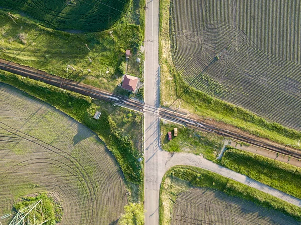 Aerial Drone View Railroad Green Meadow — Stock Photo, Image