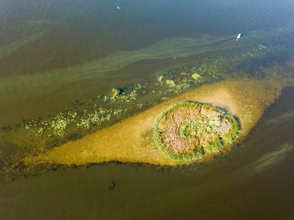 空中ドローンビュー 川の上の小さな丸い島 島には茂みがあります 島の近くに長い浅い楕円形があります — ストック写真