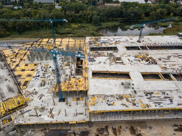 Aerial drone view. Construction of a large shopping center