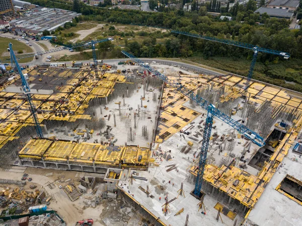 Aerial drone view. Construction of a large shopping center