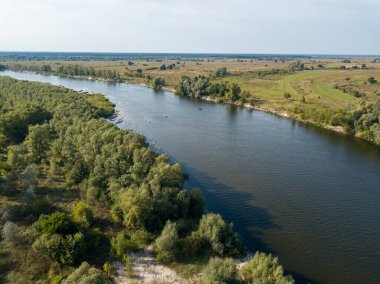 Nehrin yeşil kıyıları. Hava aracı görüntüsü, güneşli yaz günü.