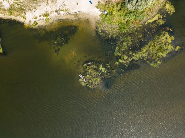 Gröna Stranden Flod Flygdrönare Solig Sommardag — Stockfoto