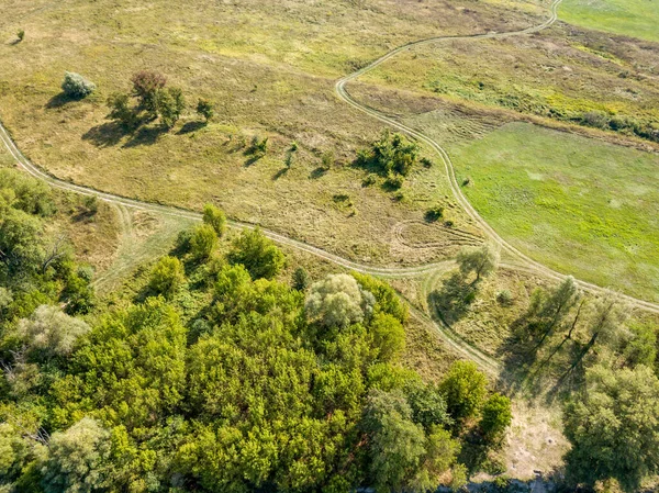 Strada Sterrata Tra Prati Verdi Giornata Estiva Sole Vista Aerea — Foto Stock