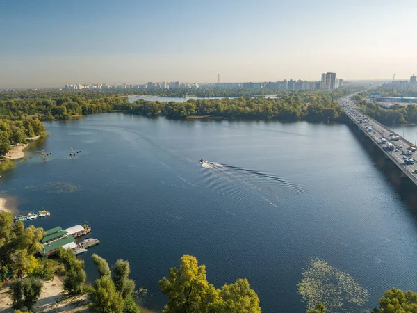 Vue Aérienne Sur Drone Bateau Moteur Sur Fleuve Dniepr Kiev — Photo