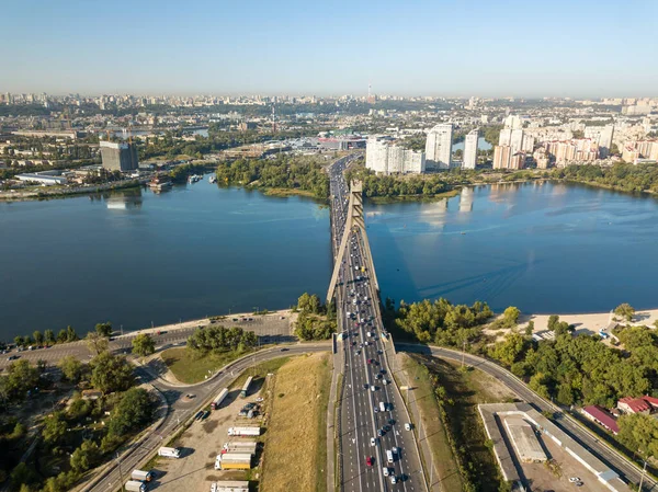 Vue Aérienne Sur Drone Pont Automobile Nord Kiev Travers Fleuve — Photo