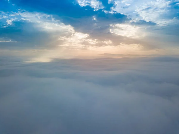 Aerial Drone Flight Fog Thick Clouds Fog Sun Breaks Clouds — Stock Photo, Image