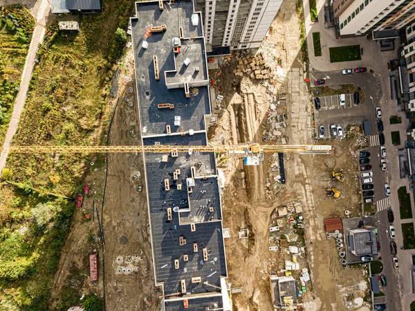 Letecký Výhled Věžový Jeřáb Nad Výstavbou Obytné Budovy Kyjevě — Stock fotografie