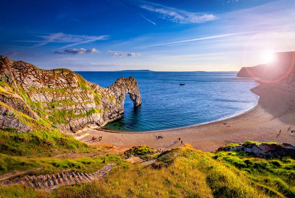 Güneş Işığı Güney Dorset Jurassic Coast Durdle Kapı Kaya Yanar — Stok fotoğraf