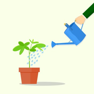 Vector Hand holding watering can watering plant in pot. flat design eps
