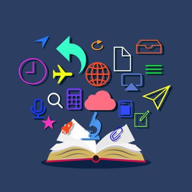 Kitabı aç. Eğitim kavramları ve bilgi araması. Vektör illüstrasyonuComment