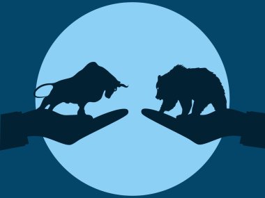 Ayı ve boğa pazarı arasındaki siluet borsa eğilimi illüstrasyonlarla savaşıyor.