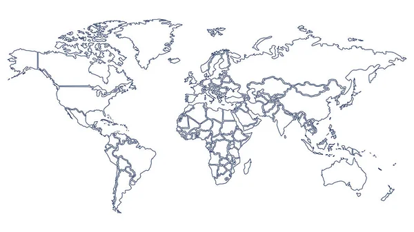 Mapa Mundo Com Fronteiras País Contorno Azul Fino Fundo Branco —  Vetores de Stock