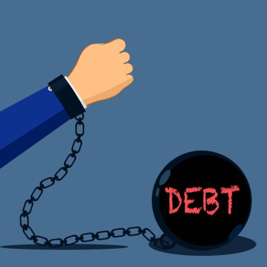Büyük bir borç ağırlığına zincirlenmiş bir işadamı. Ağır topu kollarına alıp sürüklüyorlar. eps