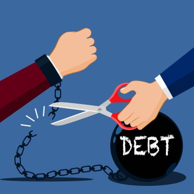 İş adamı zinciri kesti ve kendini borç metal topundan kurtardı. Finansal özgürlük kavramı. eps