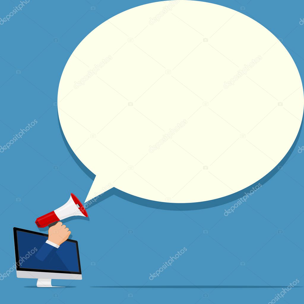 Megaphone stands out from the computer screen. Online advertising website. Social Media Networking Concept. vector