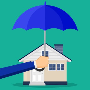 Şemsiyeyi evin üstünde tut. Ev sigortası konsepti. Kaynakların korunması. eps